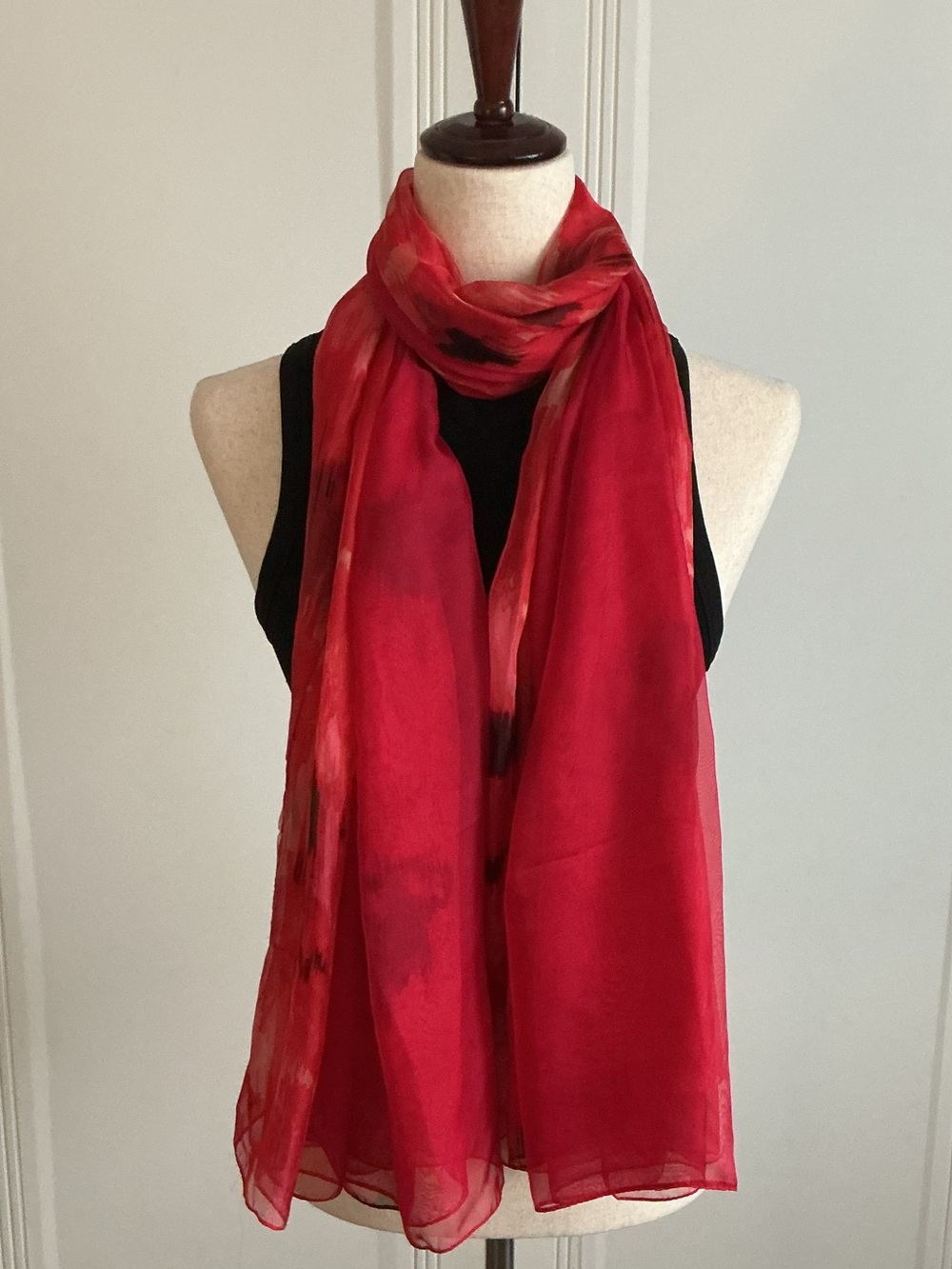 Calvin Klein Oversized Red Black Sheer Scarf 70x52 Lightweight Wrap